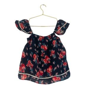 Lily‎ White Womans Floral Print Top Ruffle Sleeve Black Red Blouse Casual 125